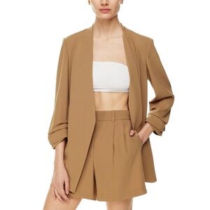 Aritzia Babaton Power Blazer Saville Tan Brown Mirror Crepe Hip Length Sz 0